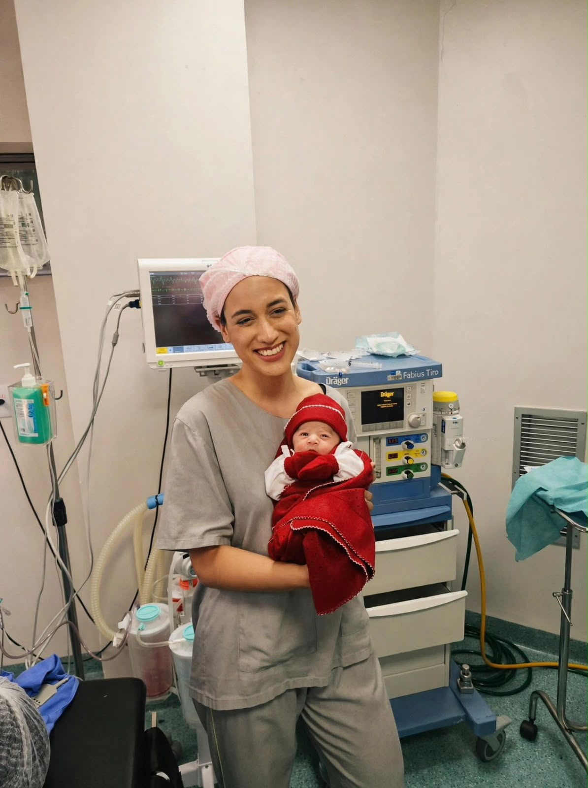 Dra. Mila Herrera segurando um recém-nascido no centro cirúrgico após o parto